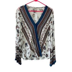 Charming Charlie Krazy Kat Floral Cream and Blue Surplice Long Sleeve Blouse M